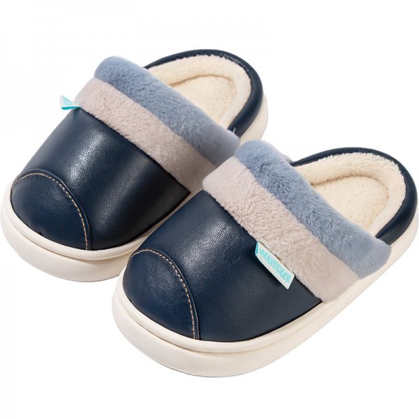 Children's Simple PU Leather Waterproof Cotton Slippers