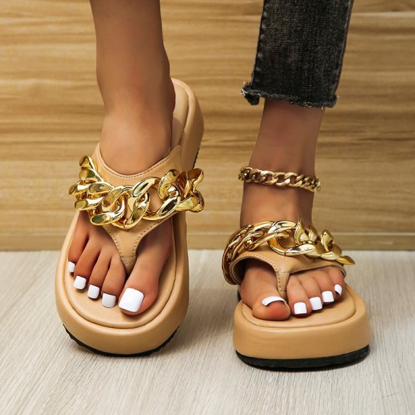 Chain Slippers Summer Fashion Thong Sandals Flip Flops Sponge Cake Platform Large Size Herringbone Shoes